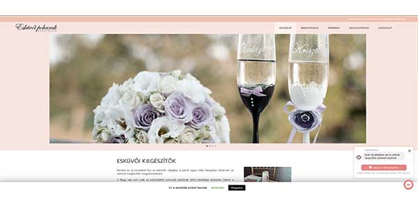 Esküvői poharak weboldal referencia Egyedi esküvői poharak és egyéb ajándéktárgyak készítését végző vállalkozás exklúzív honlapjának elkészítése, integrált Facebook üzenetküldővel.